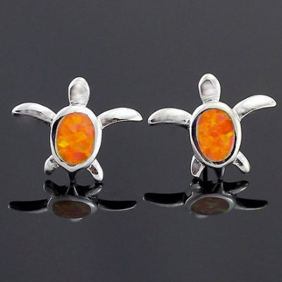 Orange Fire Opal Silver Stud Turtle Earrings