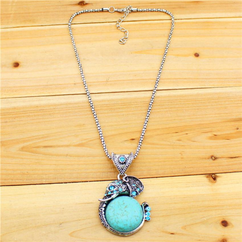 Antique Silver Plated Crystal Turquoise Elephant Necklace