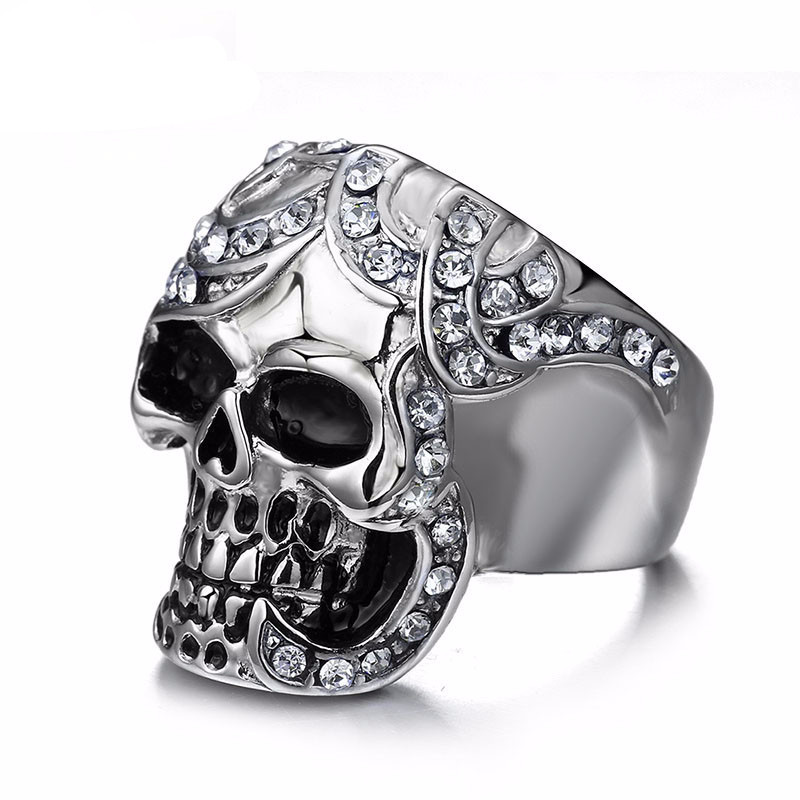 Silver Simulated Diamond Skull Ring