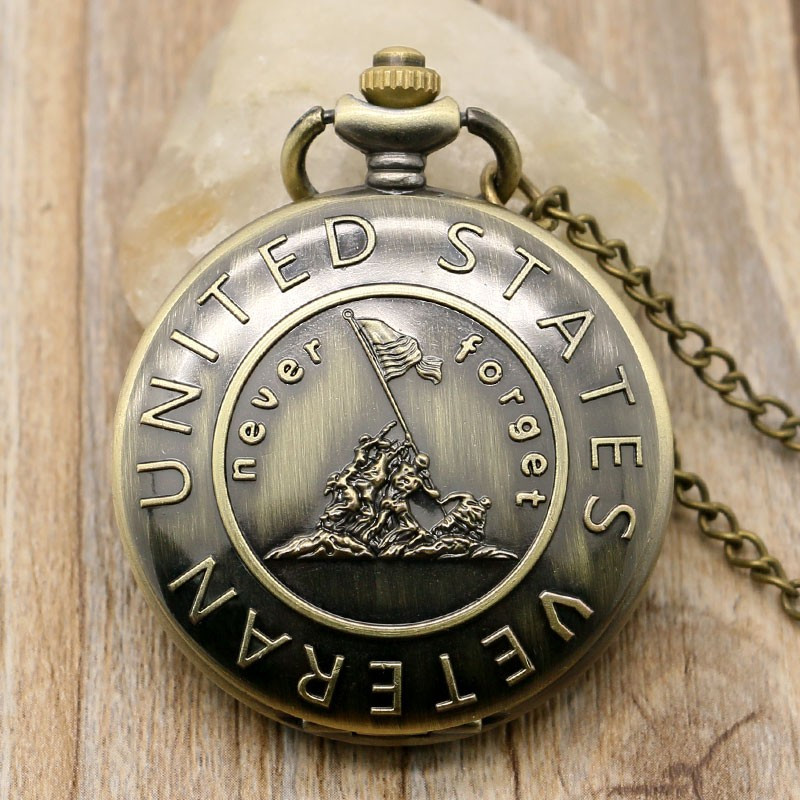 "United States Veteran" Bronze Pocket Watch With Necklace Chain