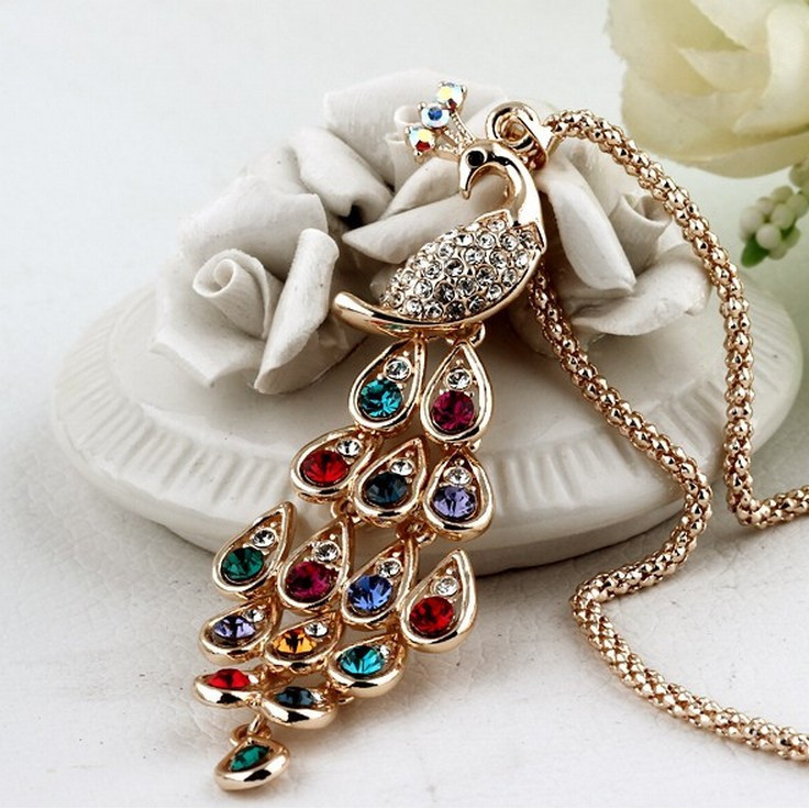 Gold Plated Rhinestone Colorful Peacock Necklace