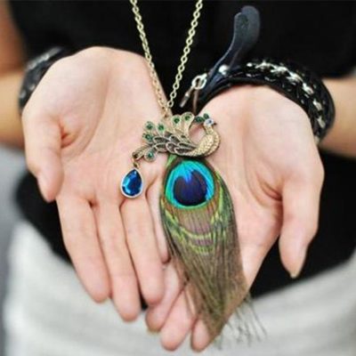 Vintage Peacock Feather With Rhinestone Necklace